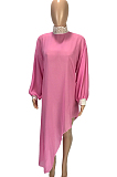 Rose Red Casual Polyester Long Sleeve Round Neck Mid Waist Long Dress SM9094