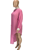 Rose Red Casual Polyester Long Sleeve Round Neck Mid Waist Long Dress SM9094