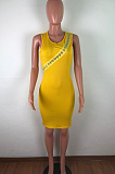 Yellow Casual Sleeveless Round Neck Hollow Out Tank Dress QZ6089