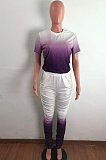 Purple Casual Short Sleeve Round Neck Ruffle Tee Top Long Pants Sets QZ3302