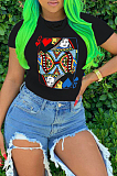 White Casual Nylon Geometric Graphic Short Sleeve Round Neck Tee Top AFY690