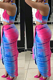 Light Blue Casual Polyester Sleeveless Round Neck Ruffle Crop Top Slit Skirt Sets MDF5141