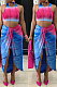 Light Blue Casual Polyester Sleeveless Round Neck Ruffle Crop Top Slit Skirt Sets MDF5141
