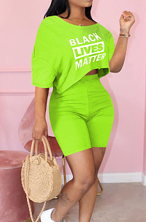 Fluorescent Green Cute Polyester Letter Short Sleeve Round Neck Crop Top Shorts Sets MTY6366