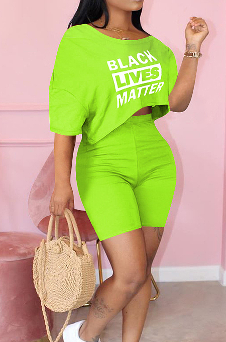 Fluorescent Green Cute Polyester Letter Short Sleeve Round Neck Crop Top Shorts Sets MTY6366