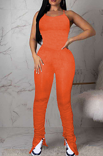 Orange Sexy Polyester Short Sleeve Round Neck Spaghetti Strap  Open Back Ruffle Cami Jumpsuit MN8303