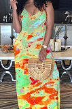 Green Casual Polyester Tie Dye Sleeveless V Neck Mid Waist Slip Dress MA6569