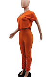 Orange Casual Cute Polyester Pure Color Short Sleeve Zipper Front Crop Top High Waist Long Pants Sets MTY6322