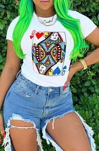 White Casual Nylon Geometric Graphic Short Sleeve Round Neck Tee Top AFY690