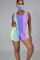 Purple Pink Purple Casual Sporty Polyester Striped Sleeveless Round Neck Knotted Strap Tank Top Shorts Sets LA3204