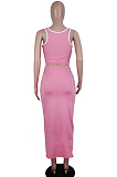 Pink Casual Polyester Sleeveless Square Neck Tank Top Midi Skirt Sets SDD9284