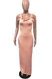 Pink Casual Polyester Sleeveless Rib-Knit Frill Trim Tank Dress OMY8060