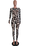Black Casual Long Sleeve Round Neck All Over Print Bodycon Jumpsuit YY5187