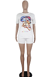 Black Casual Polyester Mouth Graphic Short Sleeve Round Neck Tee Top Shorts Sets SDD9281