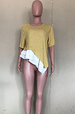 Yellow Casual Cotton Round Neck Spliced Guipure Lace Tee Top OLY6007