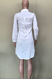 White Casual Polyester Pure Color Long Sleeve Lapel Neck Button Front Shirt Dress OLY6006