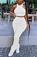 White Casual Sleeveless Round Neck Shirred Detail Tank Top Long Pants Sets CM761