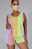 Orange Yellow Purple Casual Sporty Polyester Striped Sleeveless Round Neck Knotted Strap Tank Top Shorts Sets LA3204
