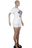 White Casual Polyester Mouth Graphic Short Sleeve Round Neck Tee Top Shorts Sets SDD9281