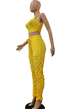 Yellow Casual Sleeveless Round Neck Shirred Detail Tank Top Long Pants Sets CM761