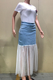 Blue Cotton Jeans Grenadine Spliced Long Skirt OLY6005