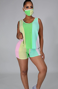 Green Blue Purple Casual Sporty Polyester Striped Sleeveless Round Neck Knotted Strap Tank Top Shorts Sets LA3204