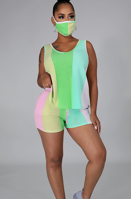 Green Blue Purple Casual Sporty Polyester Striped Sleeveless Round Neck Knotted Strap Tank Top Shorts Sets LA3204