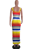 Colorful Casual Polyester Striped Sleeveless Backless Split Hem Tank Dress YY5186
