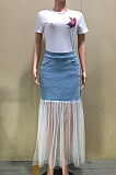 Blue Cotton Jeans Grenadine Spliced Long Skirt OLY6005