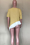 Yellow Casual Cotton Round Neck Spliced Guipure Lace Tee Top OLY6007