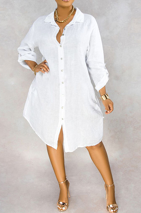 White Casual Polyester Pure Color Long Sleeve Lapel Neck Button Front Shirt Dress OLY6006