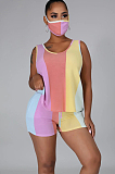 Orange Yellow Purple Casual Sporty Polyester Striped Sleeveless Round Neck Knotted Strap Tank Top Shorts Sets LA3204