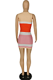 Multi-orange Sexy Polyester Striped Short Sleeve V Neck Tie Front High Waist Mini Dress YYZ504
