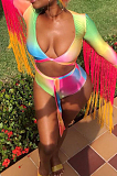 Multi Sexy Polyester Long Sleeve Tassel Hem Waist Tie Two Pieces Swimsuits ZY8032