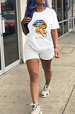 White Casual Polyester Mouth Graphic Short Sleeve Round Neck Tee Top Shorts Sets SDD9281