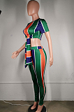 Casual Striped Short Sleeve Round Neck Tie Front Crop Top Long Pants Sets C3008