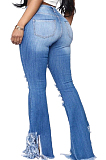 Light Blue Sexy Cotton Tassel Hem High Waist Flare Leg Jeans Pants  SMR2280