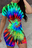 Red Casual Polyester Tie Dye Short Sleeve Round Neck Romper LML130