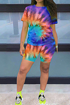 Orange And Blue Casual Polyester Tie Dye Short Sleeve Round Neck Tee Top Shorts Sets OX8056