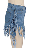 Light Blue Sexy Cotton Tassel Hem Ripped Elastic Force Mid Waist  Jeans Shorts SMR2276