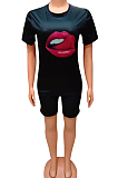 Black Casual Polyester Mouth Graphic Short Sleeve Round Neck Tee Top Shorts Sets FA7098