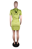 Green Casual Leopard Short Sleeve Waist Tie Shift Dress N9201-1