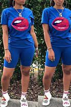 Blue Casual Polyester Mouth Graphic Short Sleeve Round Neck Tee Top Shorts Sets FA7098