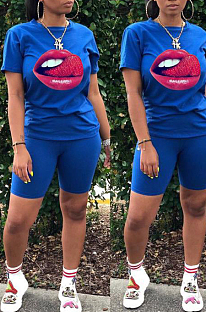 Blue Casual Polyester Mouth Graphic Short Sleeve Round Neck Tee Top Shorts Sets FA7098