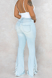 Blue Sexy Cotton Tassel Hem High Waist Flare Leg Jeans Pants  SMR2280