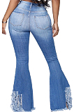 Light Blue Sexy Cotton Tassel Hem High Waist Flare Leg Jeans Pants  SMR2280