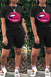 Black Casual Polyester Mouth Graphic Short Sleeve Round Neck Tee Top Shorts Sets FA7098