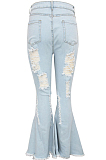 Light Blue Modest Cotton Ripped Mid Waist Water Scrubbing Flare Leg  Jeans Pants SMR2273