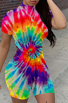 Red Casual Polyester Tie Dye Short Sleeve Round Neck Romper LML130