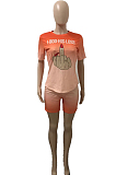Orange Casual Polyester Letter Short Sleeve Round Neck Tee Top Shorts Sets LML131